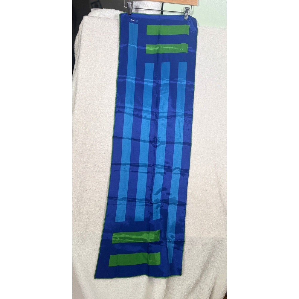 VTG Vera Neumann Scarf Blue Green Geometric Stripe Acetate Made in Japan 14"x45"